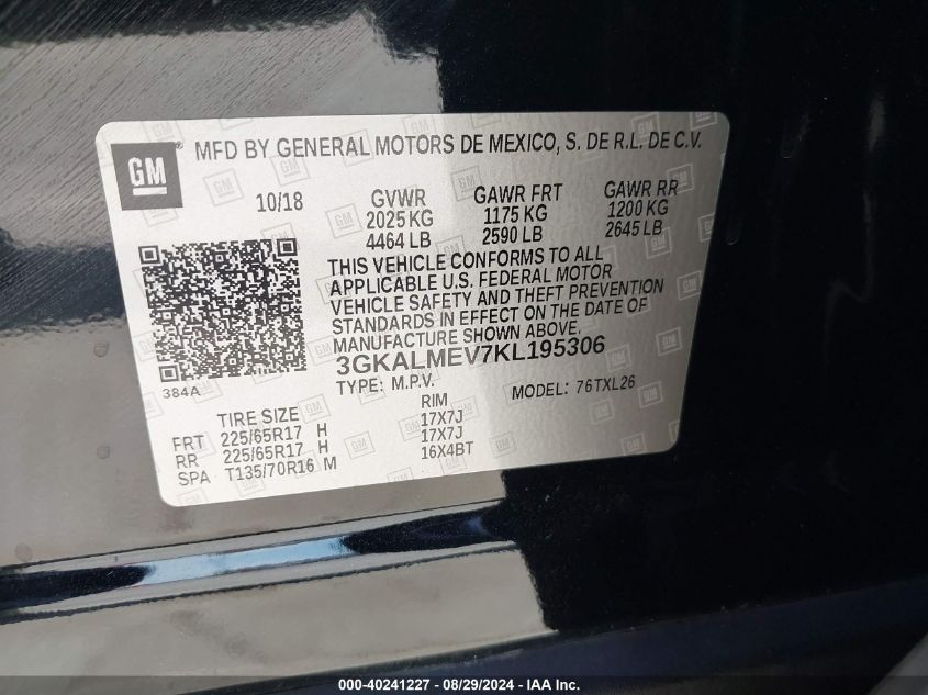 2019 GMC Terrain Sle VIN: 3GKALMEV7KL195306 Lot: 40241227