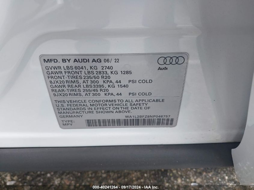 2022 Audi Q4 E-Tron Premium Plus 50 Quattro VIN: WA1L2BFZ8NP046757 Lot: 40241264