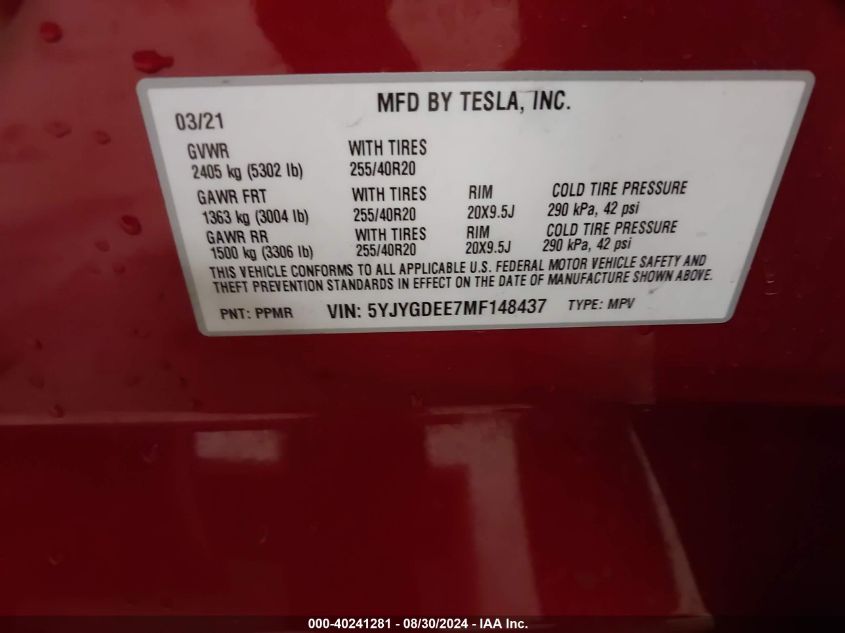 2021 Tesla Model Y Long Range Dual Motor All-Wheel Drive VIN: 5YJYGDEE7MF148437 Lot: 40241281