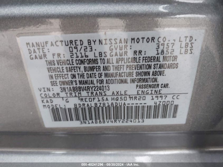 2024 Nissan Sentra S Xtronic Cvt VIN: 3N1AB8BV4RY224013 Lot: 40241296