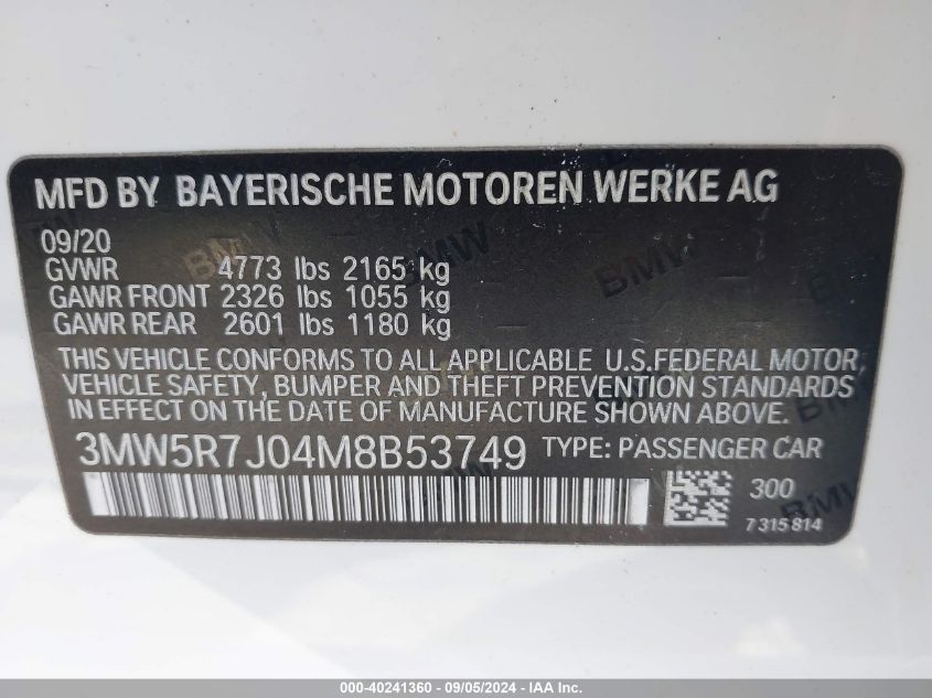 2021 BMW 330I xDrive VIN: 3MW5R7J04M8B53749 Lot: 40241360