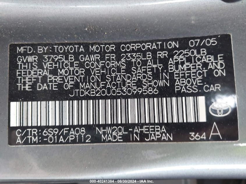 2005 Toyota Prius VIN: JTDKB20U053099586 Lot: 40241384