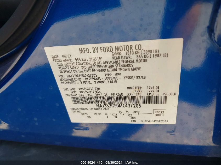 MAJ3S2GE0MC437205 2021 Ford Ecosport Se