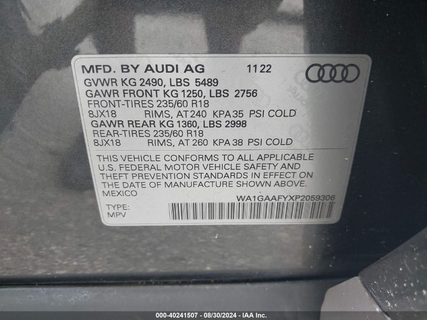 2023 Audi Q5 Premium 45 Tfsi S Line Quattro VIN: WA1GAAFYXP2059306 Lot: 40241507