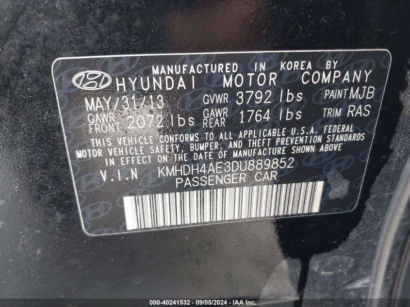 2013 Hyundai Elantra Gls VIN: KMHDH4AE3DU889852 Lot: 40241532