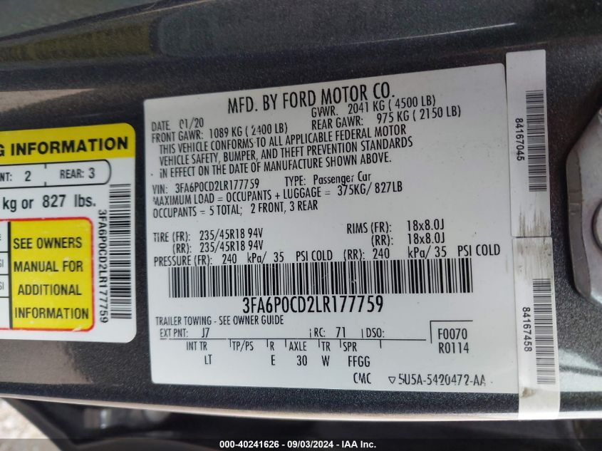 2020 Ford Fusion Sel VIN: 3FA6P0CD2LR177759 Lot: 40241626