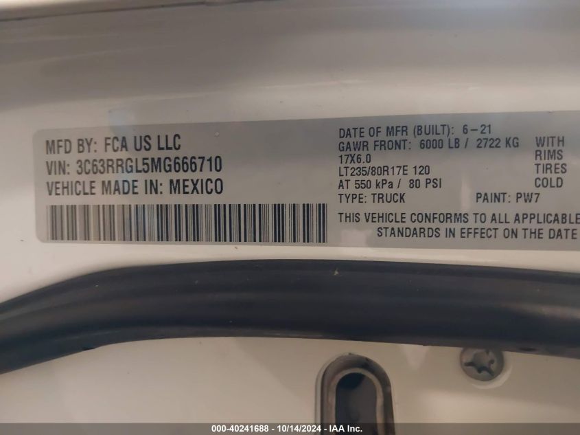 2021 Ram 3500 Tradesman 4X4 8' Box VIN: 3C63RRGL5MG666710 Lot: 40241688