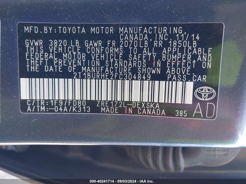 2015 TOYOTA COROLLA L/LE/S/S PLUS/LE PLUS/LE PREMIUM/S PREMIUM - 2T1BURHE2FC304849