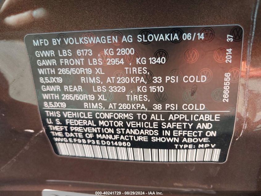 WVGEF9BP3ED014960 2014 Volkswagen Touareg 3.6L Lux