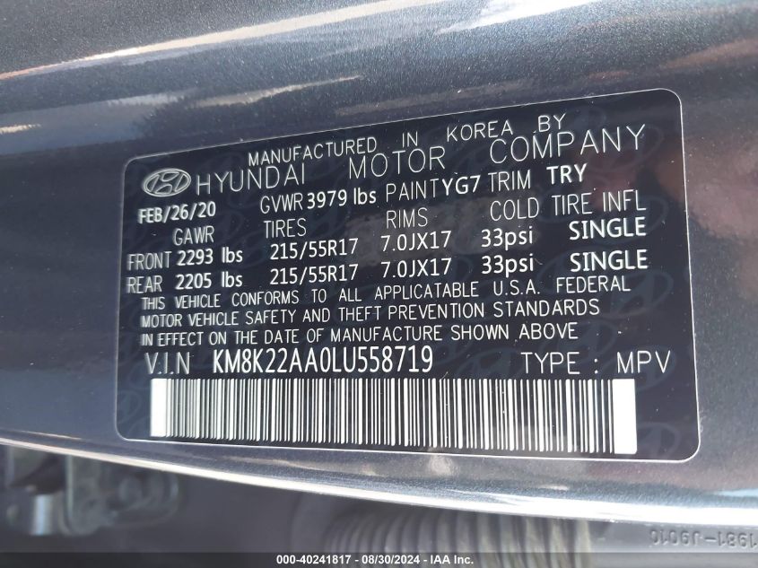 2020 Hyundai Kona Sel VIN: KM8K22AA0LU558719 Lot: 40241817