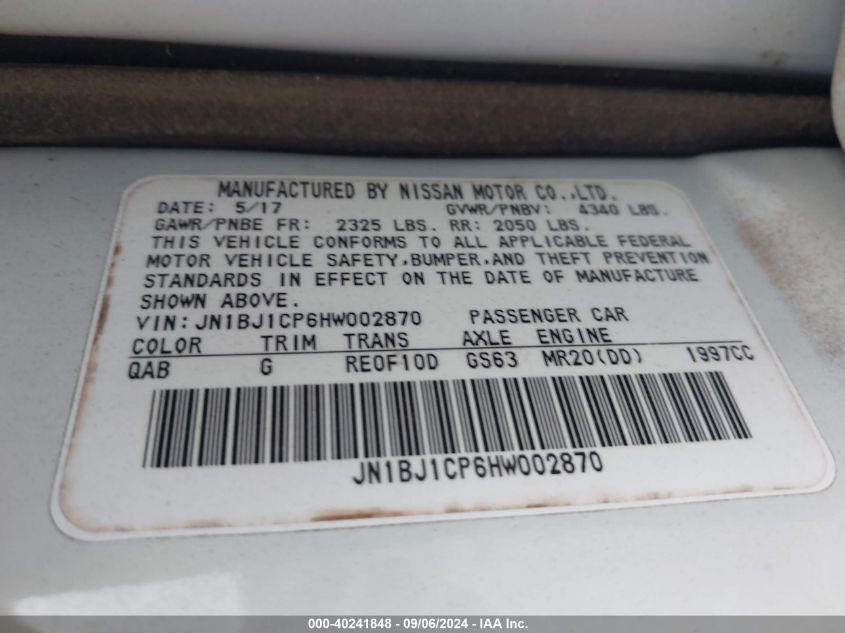 2017 NISSAN ROGUE SPORT VIN: JN1BJ1CP6HW002870