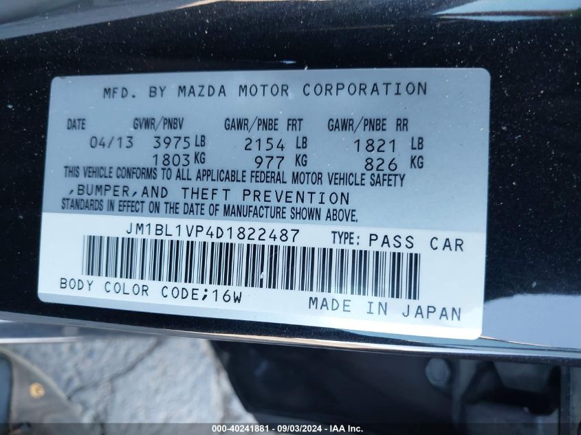 2013 Mazda Mazda3 I Touring VIN: JM1BL1VP4D1822487 Lot: 40241881