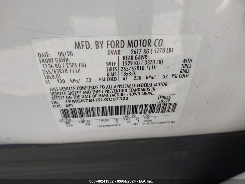 1FMSK7BH5LGC97322 2020 Ford Explorer