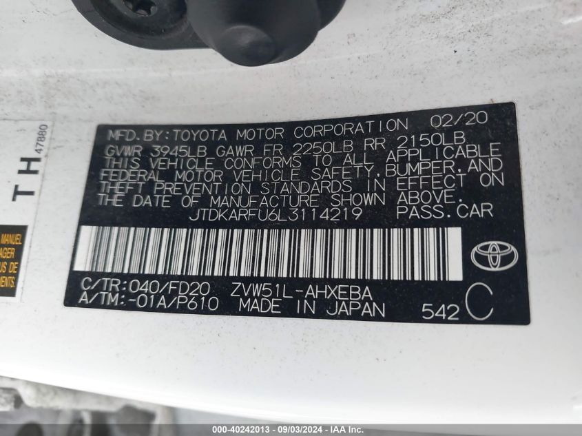 2020 Toyota Prius Le VIN: JTDKARFU6L3114219 Lot: 40242013