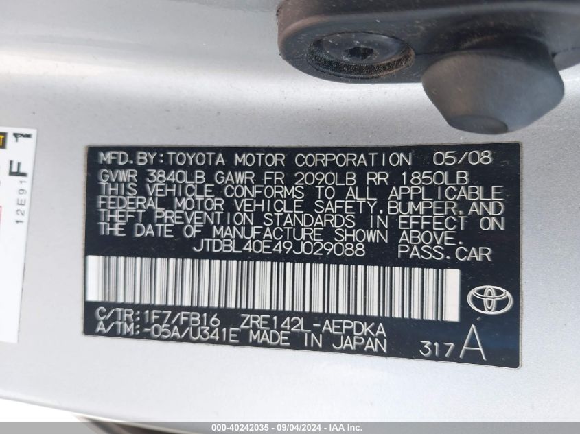 2009 Toyota Corolla Le VIN: JTDBL40E49J029088 Lot: 40242035