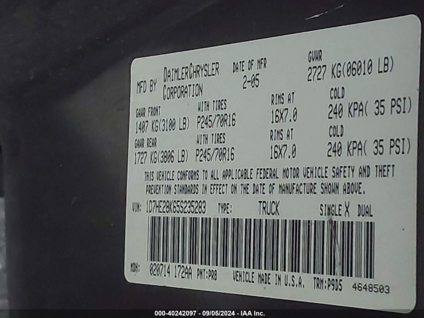 2005 Dodge Dakota Quad/St VIN: 1D7HE28K65S235283 Lot: 40242097