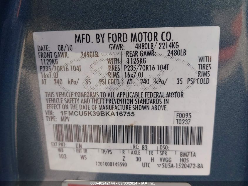 2011 Ford Escape Hybrid VIN: 1FMCU5K39BKA16755 Lot: 40242144