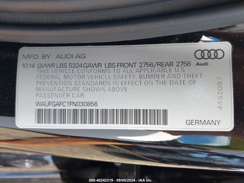 2015 Audi A6 3.0T Premium Plus VIN: WAUFGAFC1FN030856 Lot: 40242319