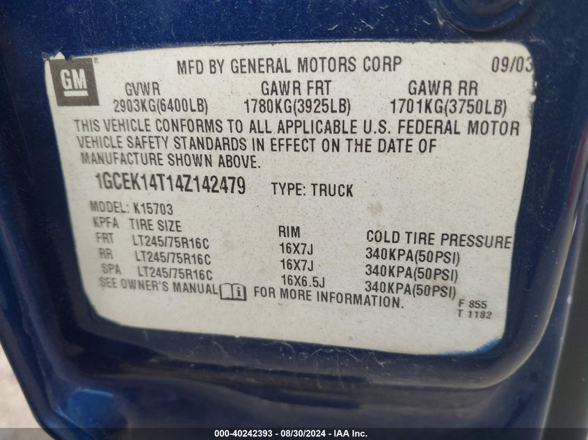 2004 Chevrolet Silverado 1500 Z71 VIN: 1GCEK14T14Z142479 Lot: 40242393