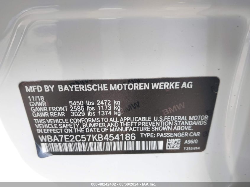 2019 BMW 740I VIN: WBA7E2C57KB454186 Lot: 40242402