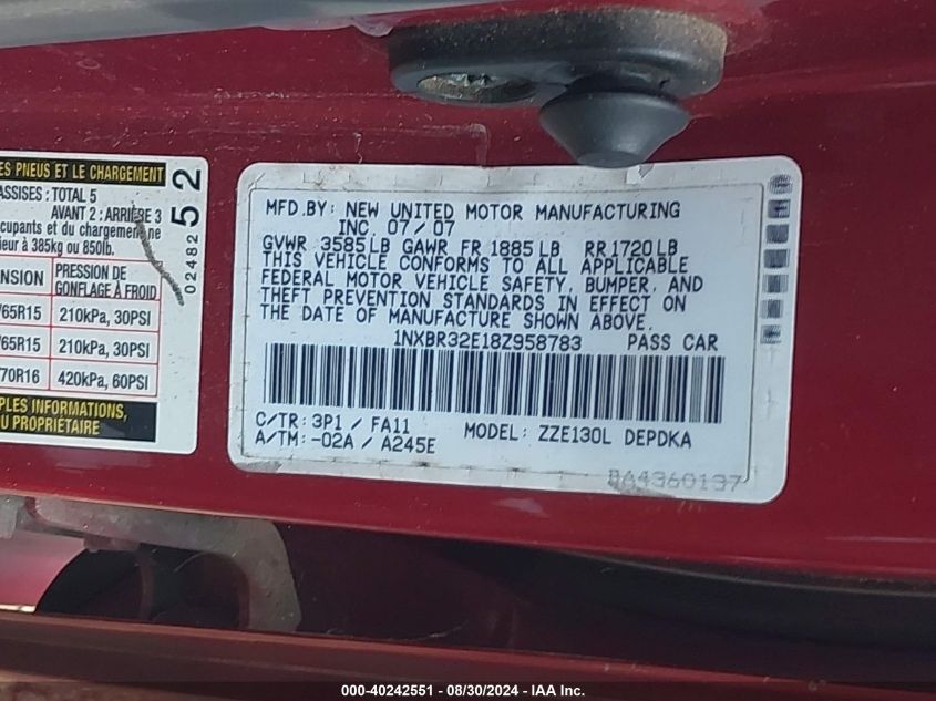 2008 Toyota Corolla Ce VIN: 1NXBR32E18Z958783 Lot: 40242551