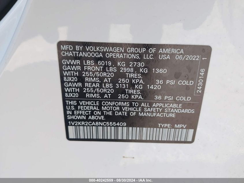 1V2KR2CA8NC555409 2022 Volkswagen Atlas 3.6L V6 Se W/Technology