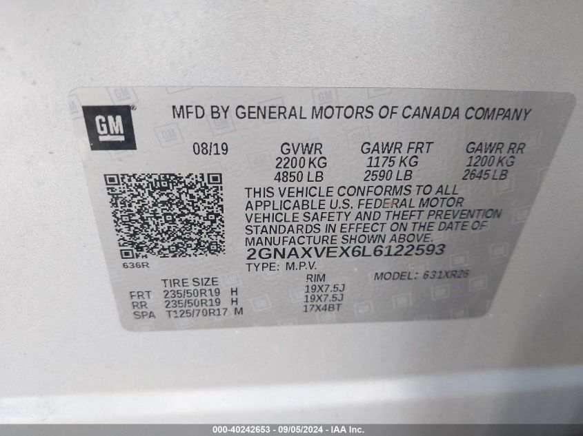 2020 Chevrolet Equinox Lt VIN: 2GNAXVEX6L6122593 Lot: 40242653