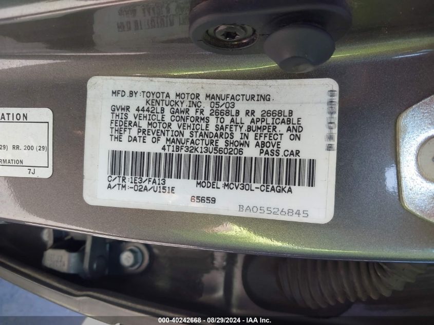 4T1BF32K13U560206 2003 Toyota Camry Xle V6