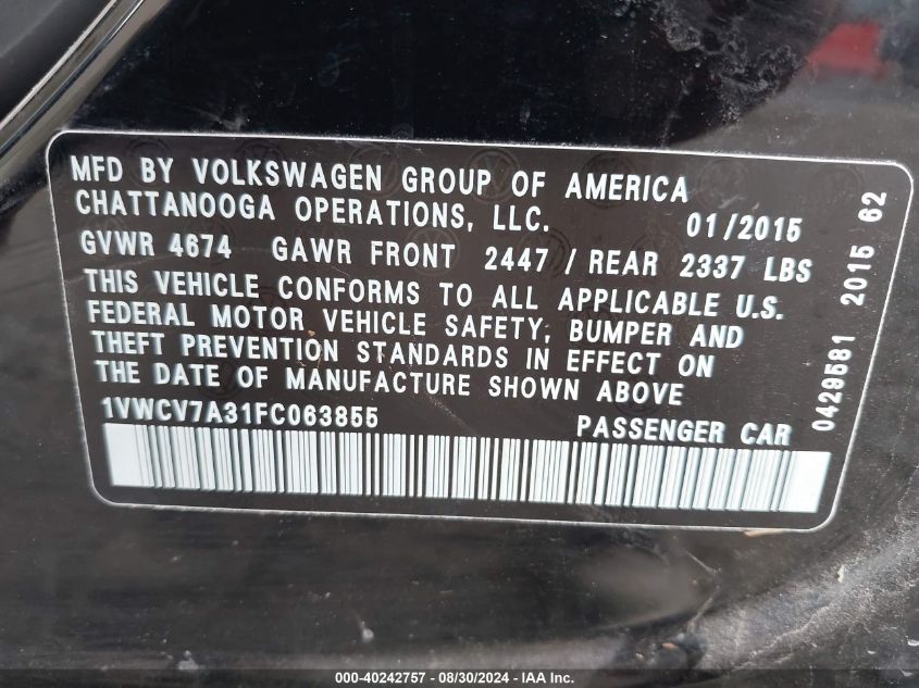 1VWCV7A31FC063855 2015 Volkswagen Passat 2.0L Tdi Sel Premium