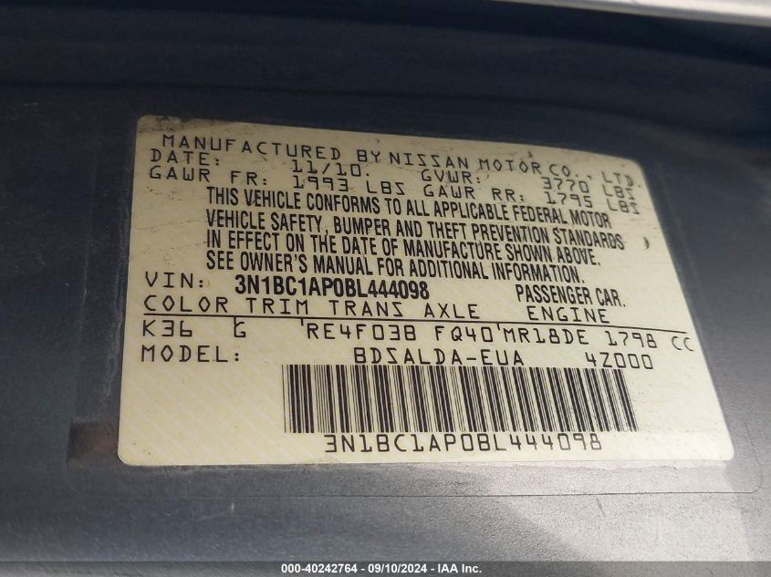 2011 Nissan Versa 1.8S VIN: 3N1BC1AP0BL444098 Lot: 40242764