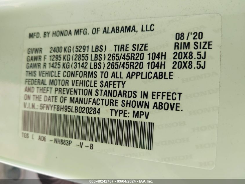 2020 Honda Passport Awd Touring VIN: 5FNYF8H95LB020284 Lot: 40242767