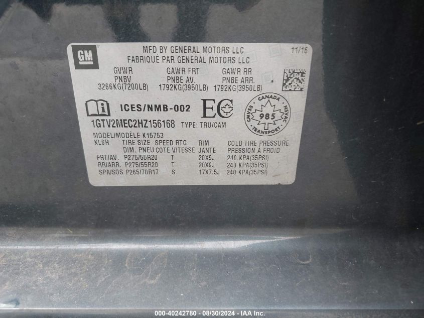 1GTV2MEC2HZ156168 2017 GMC Sierra 1500 Sle