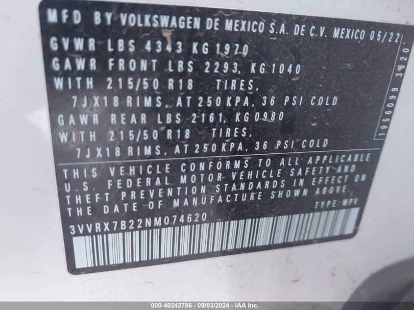 2022 VOLKSWAGEN TAOS 1.5L I-4 DI, DOHC, V(VIN: 3VVRX7B22NM074620