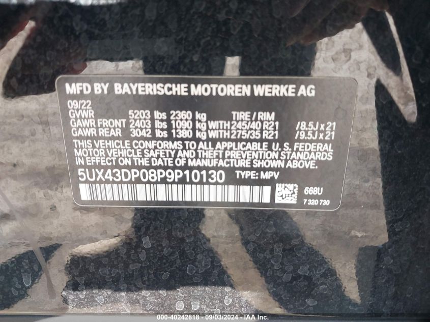 2023 BMW X3 Sdrive30I VIN: 5UX43DP08P9P10130 Lot: 40242818