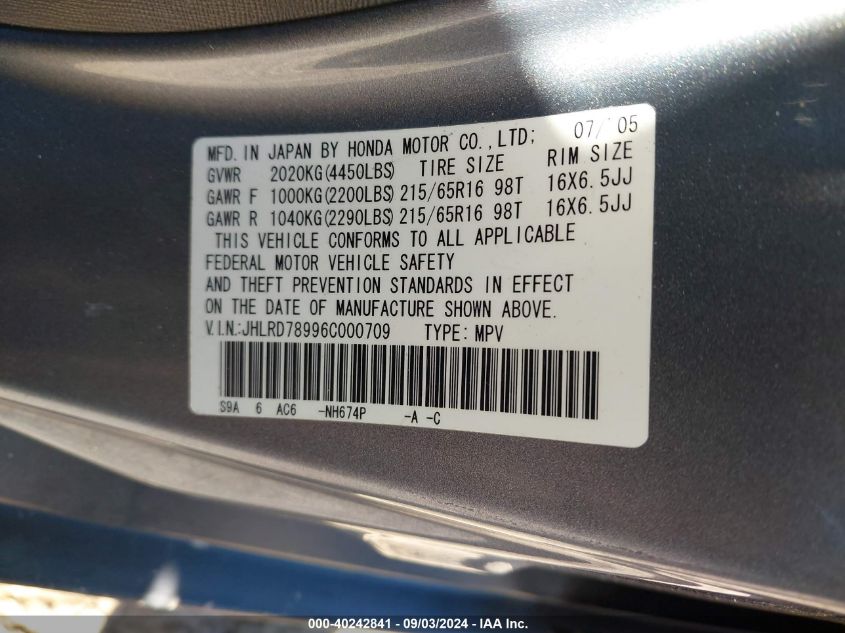 JHLRD78996C000709 2006 Honda Cr-V Se