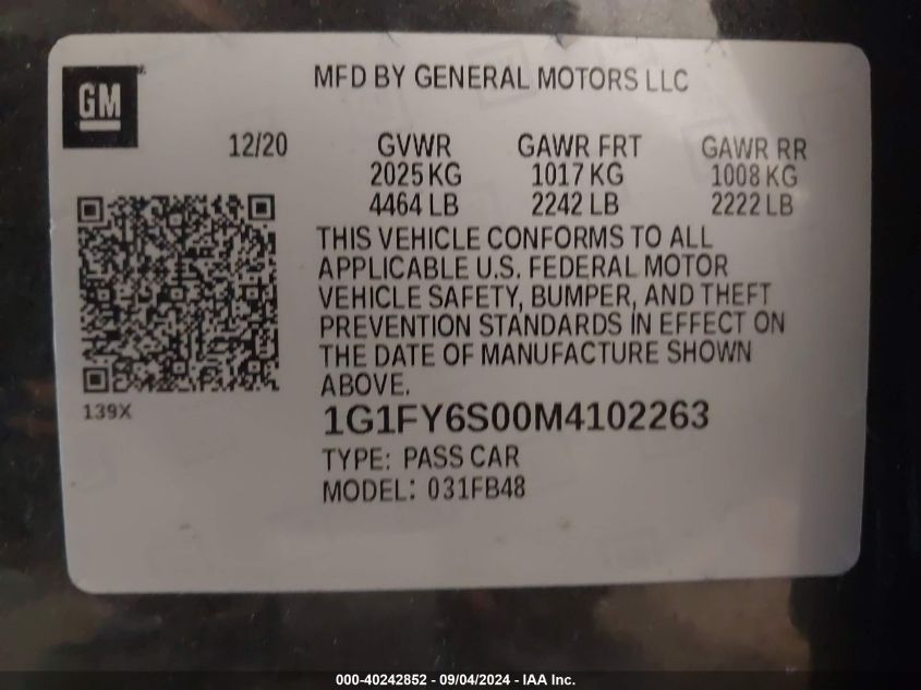 1G1FY6S00M4102263 2021 Chevrolet Bolt Ev Fwd Lt