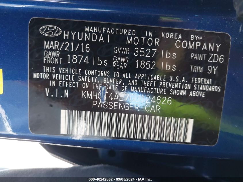 2016 Hyundai Accent Se VIN: KMHCT4AE7GU124626 Lot: 40242862