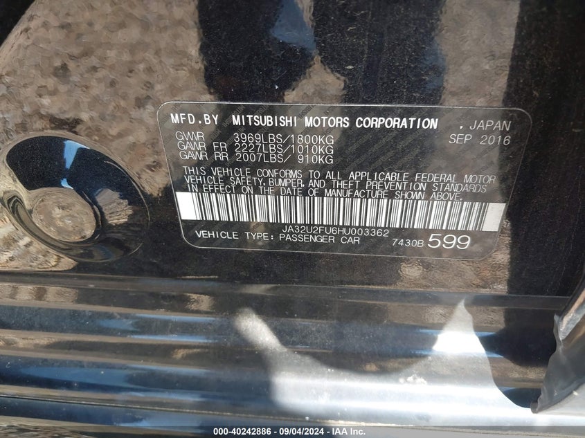 2017 MITSUBISHI LANCER ES VIN: JA32U2FU6HU003362