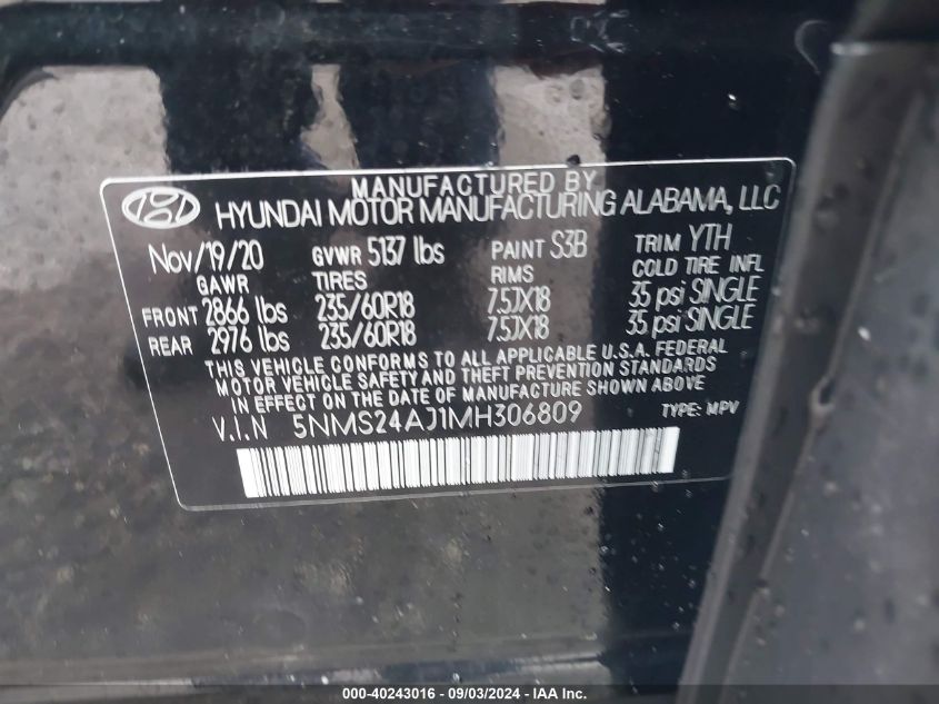 2021 Hyundai Santa Fe Sel VIN: 5NMS24AJ1MH306809 Lot: 40243016