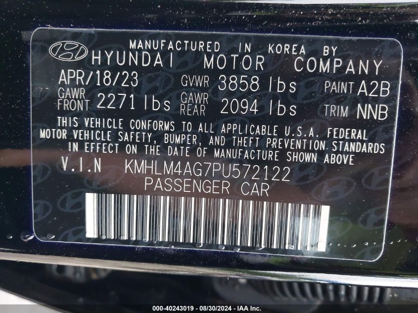 2023 Hyundai Elantra Sel VIN: KMHLM4AG7PU572122 Lot: 40243019