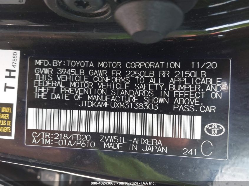 2021 Toyota Prius Le VIN: JTDKAMFUXM3138303 Lot: 40243063