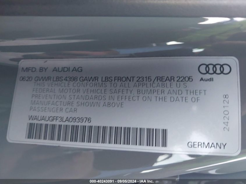 2020 Audi A3 Premium VIN: WAUAUGFF3LA093976 Lot: 40243091