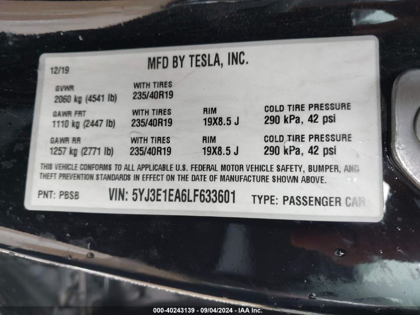 2020 Tesla Model 3 Standard Range Plus Rear-Wheel Drive/Standard Range Rear-Wheel Drive VIN: 5YJ3E1EA6LF633601 Lot: 40243139