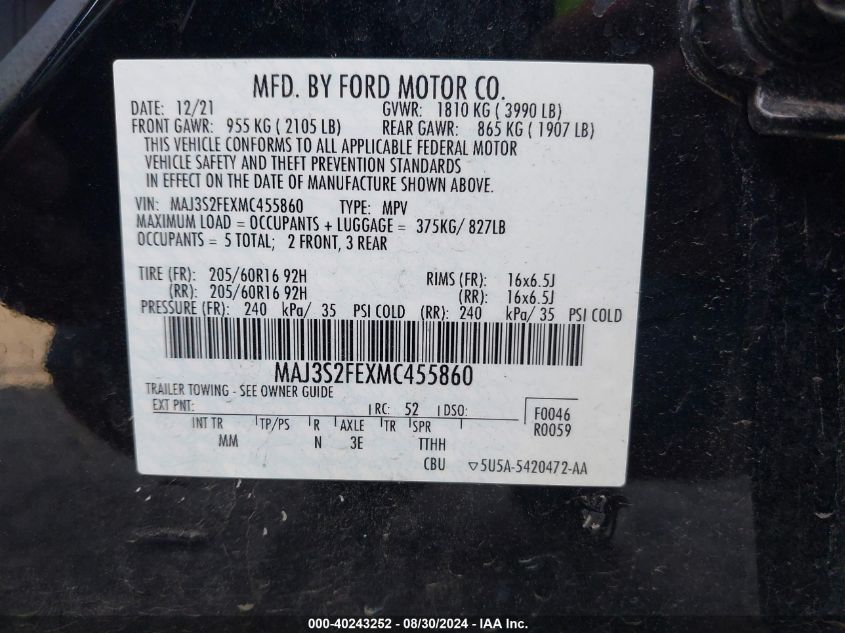 MAJ3S2FEXMC455860 2021 Ford Ecosport S