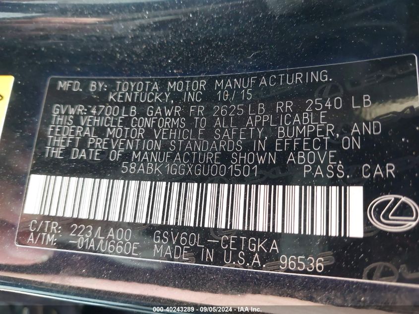 2016 LEXUS ES 350 - 58ABK1GGXGU001501