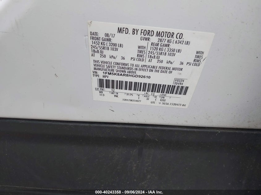 VIN 1FM5K8AR8HGD92610 2017 FORD UTILITY POLICE INTERCEPTOR