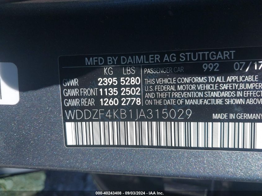 WDDZF4KB1JA315029 2018 Mercedes-Benz E 300 4Matic