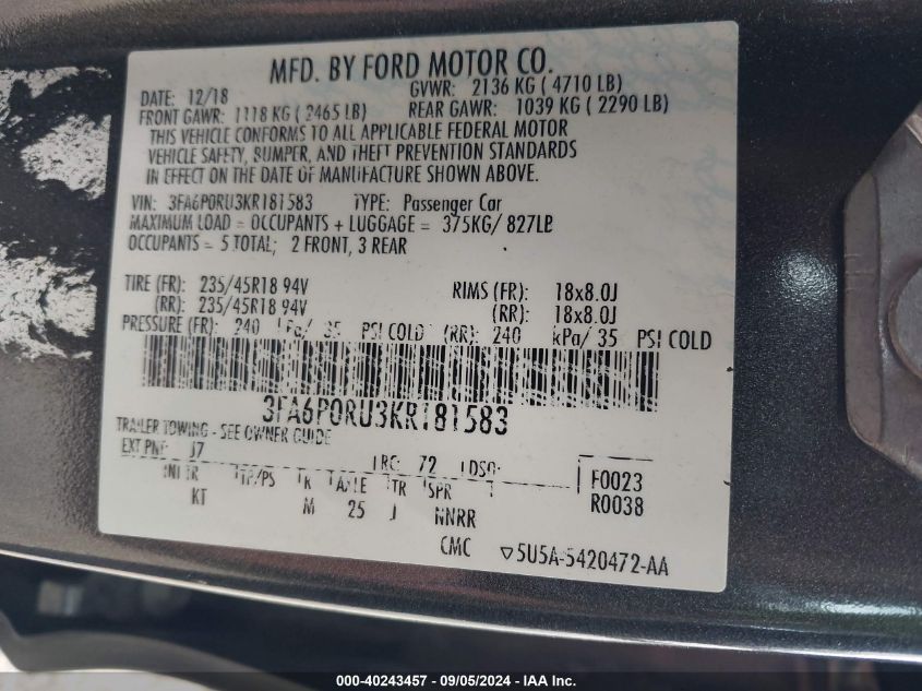 2019 Ford Fusion Hybrid Titanium VIN: 3FA6P0RU3KR181583 Lot: 40243457