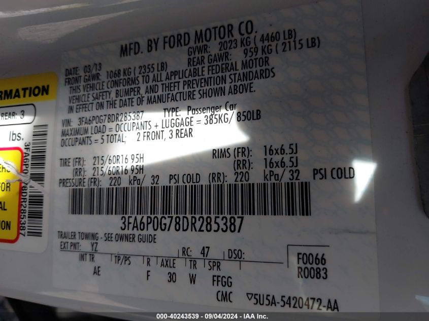 2013 FORD FUSION S - 3FA6P0G78DR285387