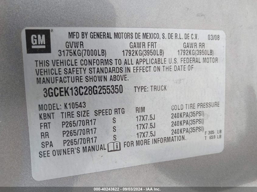 3GCEK13C28G255350 2008 Chevrolet Silverado 1500 Lt1